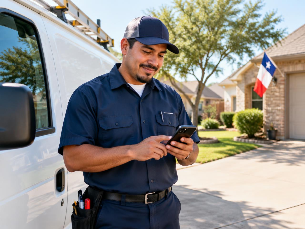 Home services technician checking the schedule by his work van