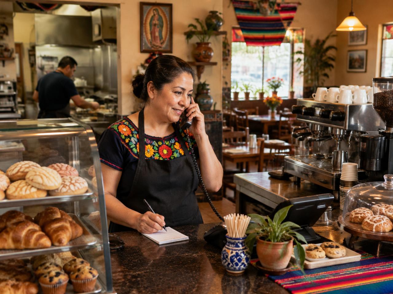 Restaurant owner taking a phone order at the counter