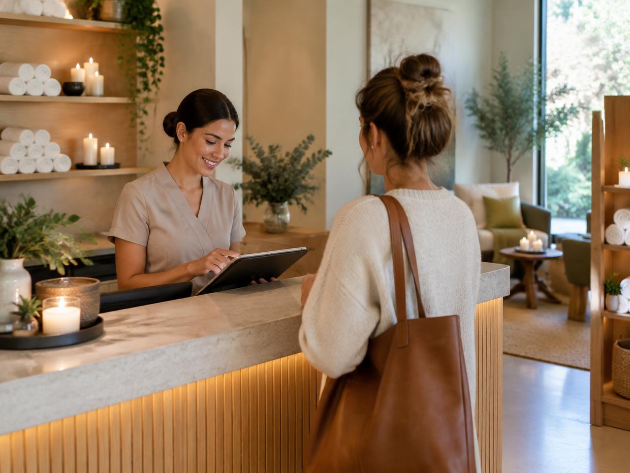 Spa receptionist welcoming a guest at the front desk